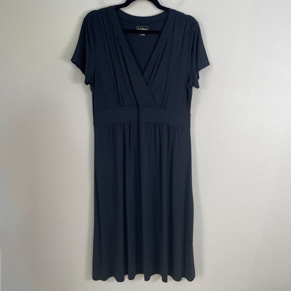 LL Bean Womens Large Black Faux Wrap Dress Stretch Short Sleeve V Neck - Picture 6 of 8
